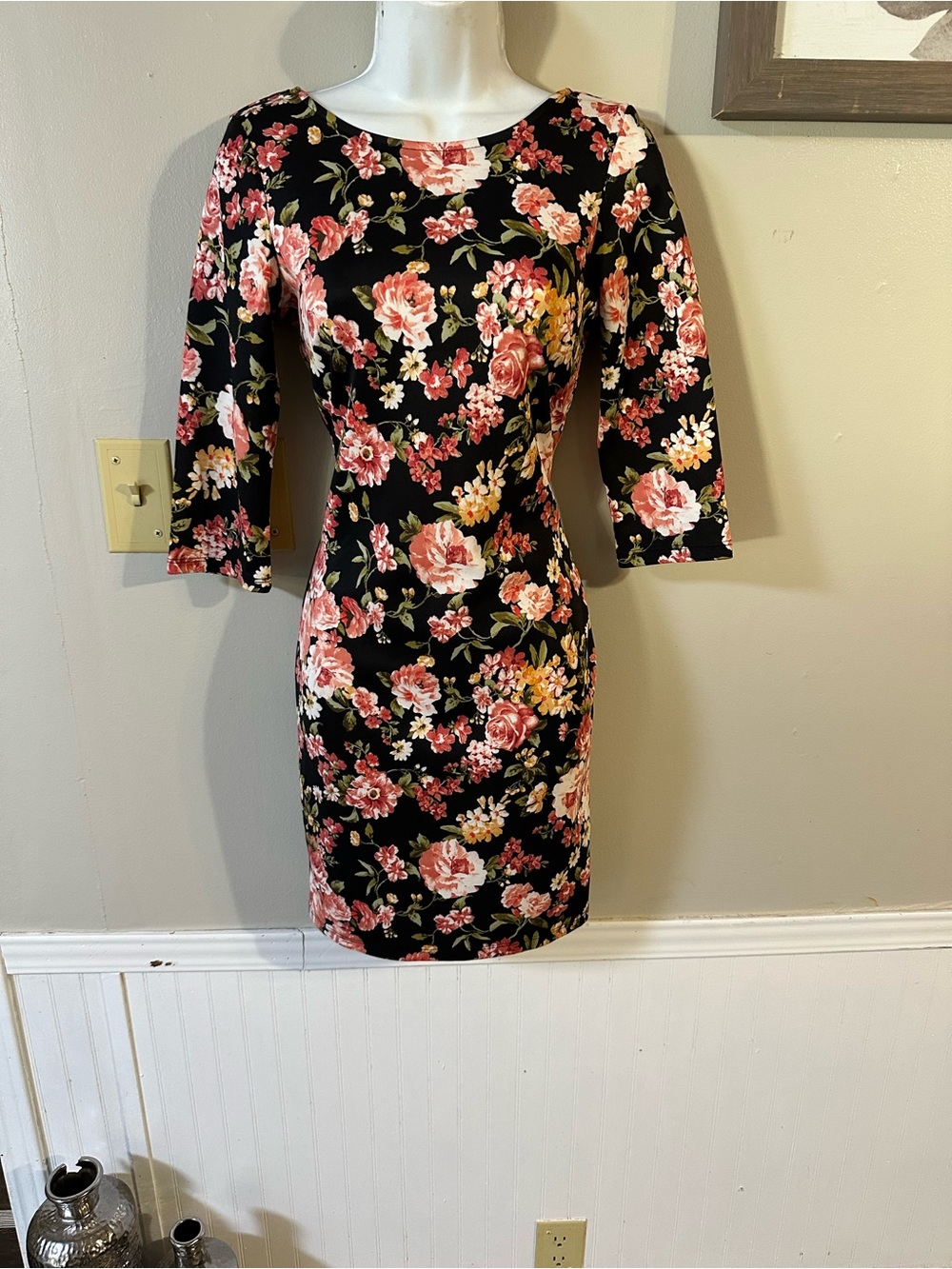 Floral Fitted Mini Dress in Black with Pink Roses
